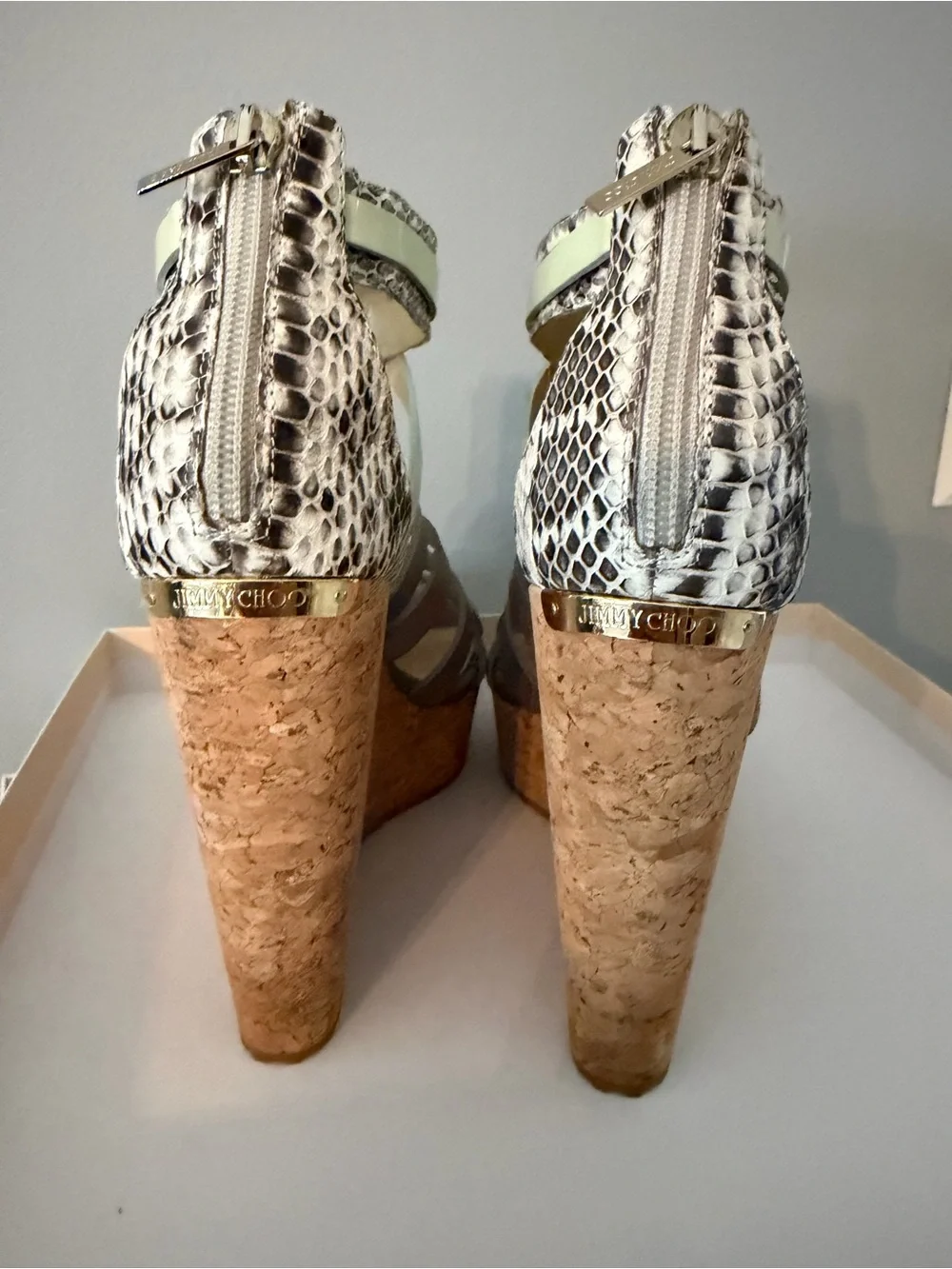 Jimmy Choo Pale Green and Gray Snake-Trim Cork Wedge Sandals
